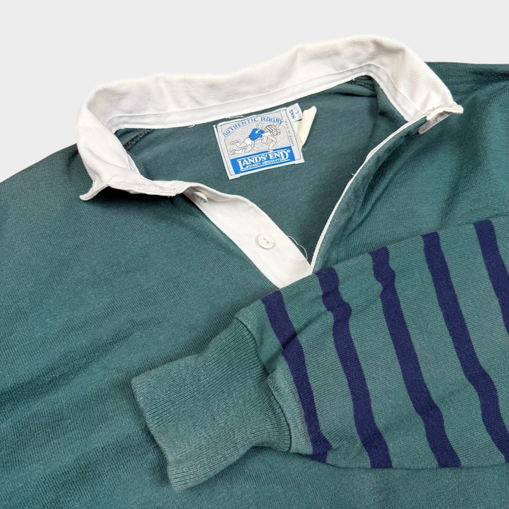 Lands End Authentic Rugby Shirt Mens Large Teal Green Navy Blue Purple Striped